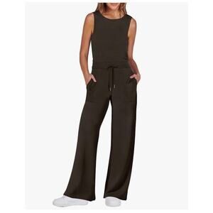 Anrabess Women's Large Jumpsuit Wide Leg Sleeveless Pockets Stretchy Button Flaw
